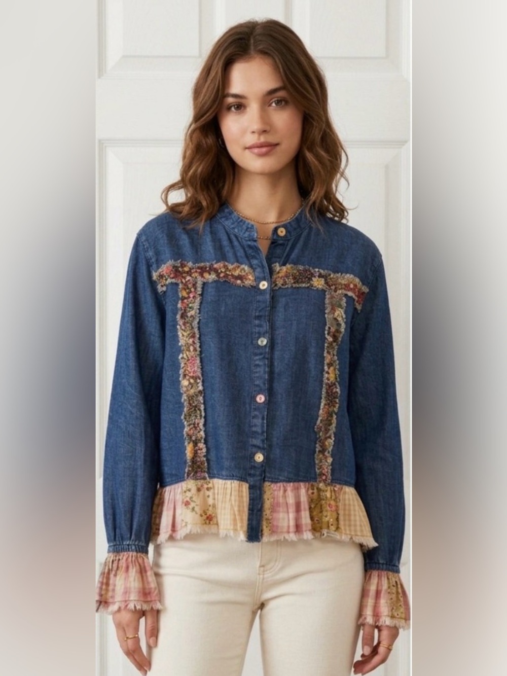 264 Young Threads Denim Peplum Shacket with Floral and Plaid Trim